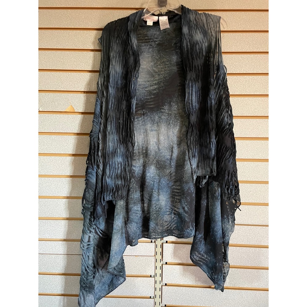 Kamana Kimono Duster One Size Black Blue Tie Dye Fringe‎ Open Front Sleeveless